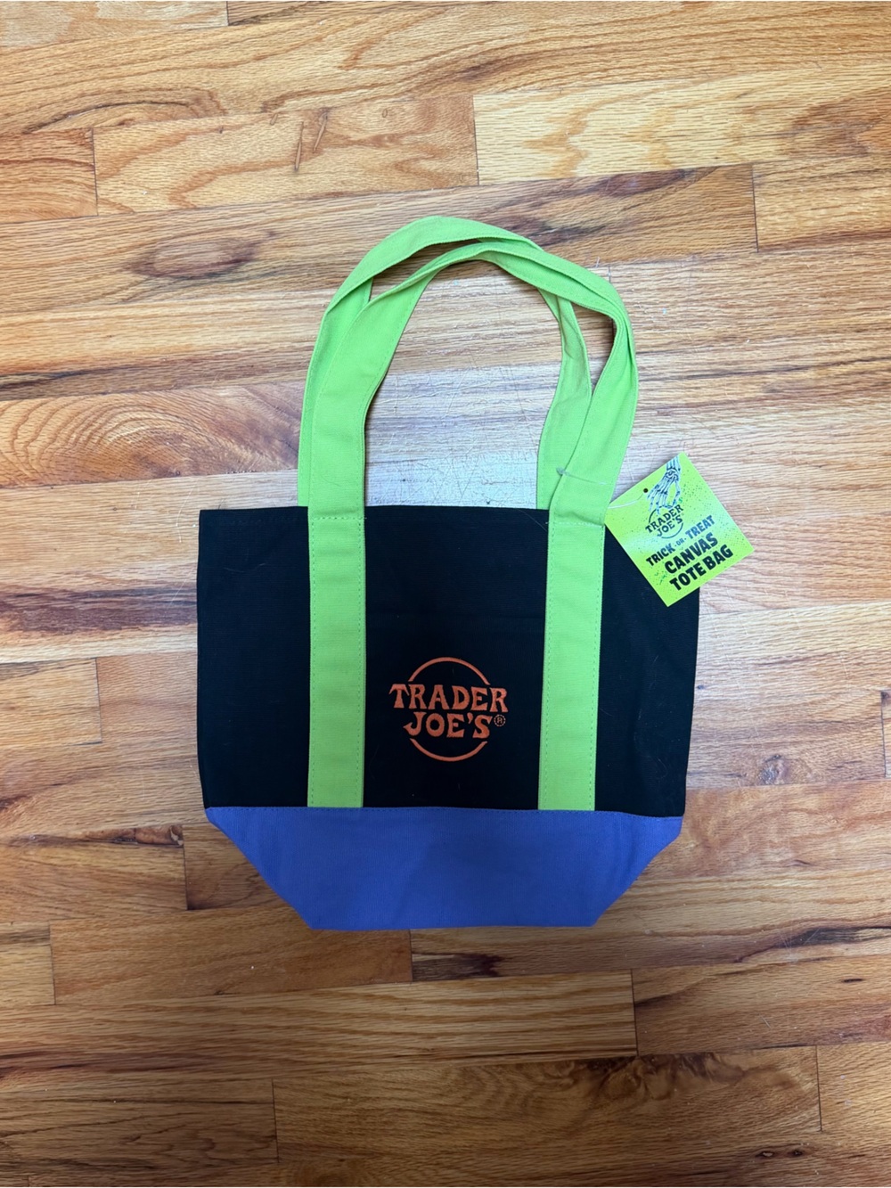 Trader Joe's Mini Canvas Tote Bag in Black with Lime Handles and Blue Base